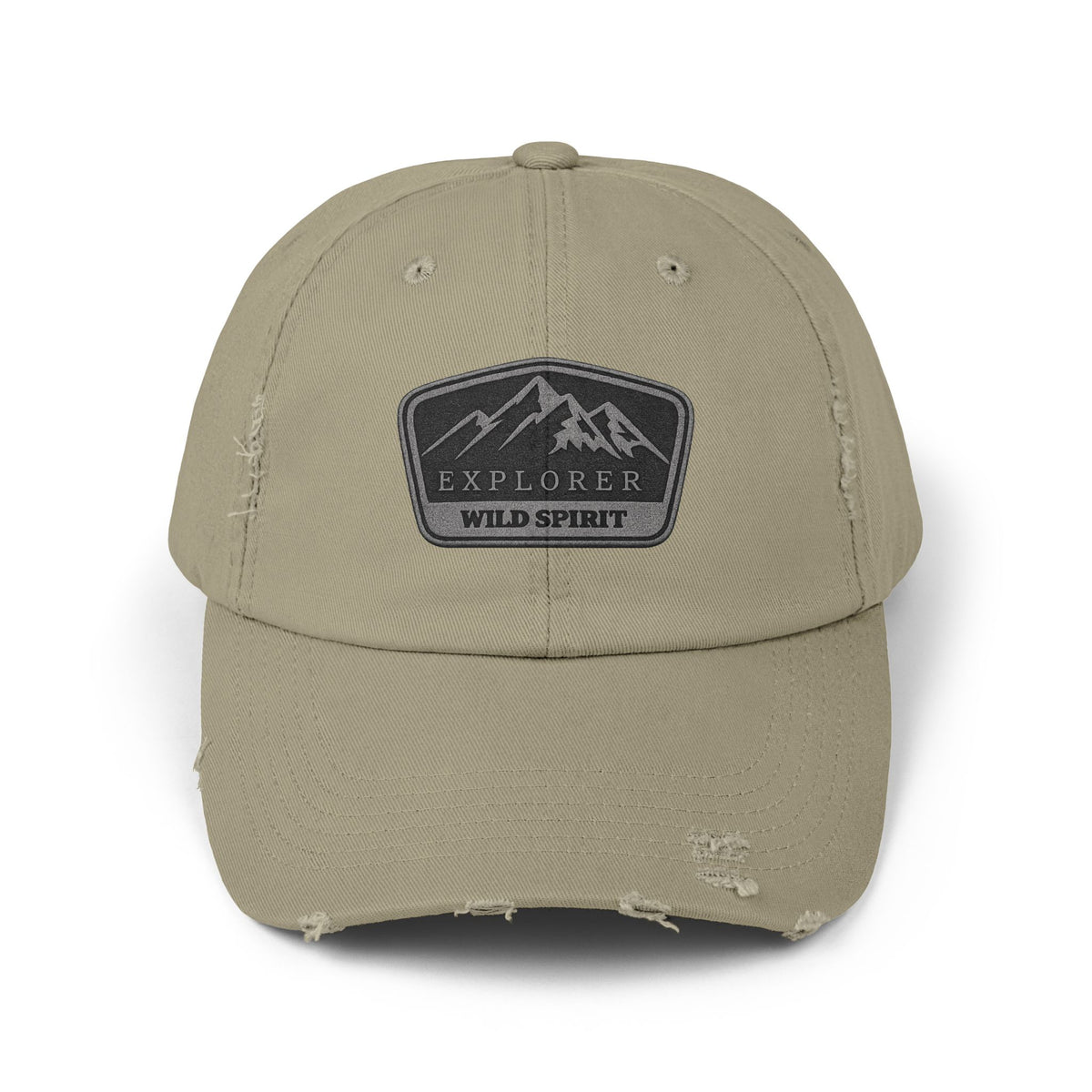 Explorer Wild Spirit Distressed Cap — Vintage Mountain Dad Hat Hats Printify Light Olive One size