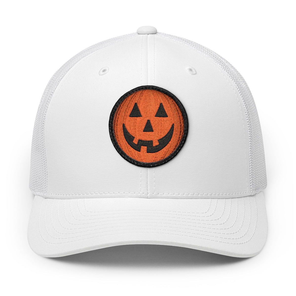 Halloween Pumpkin Jack-O’-Lantern Trucker Cap Hats Printify Circle One size White / Black patch