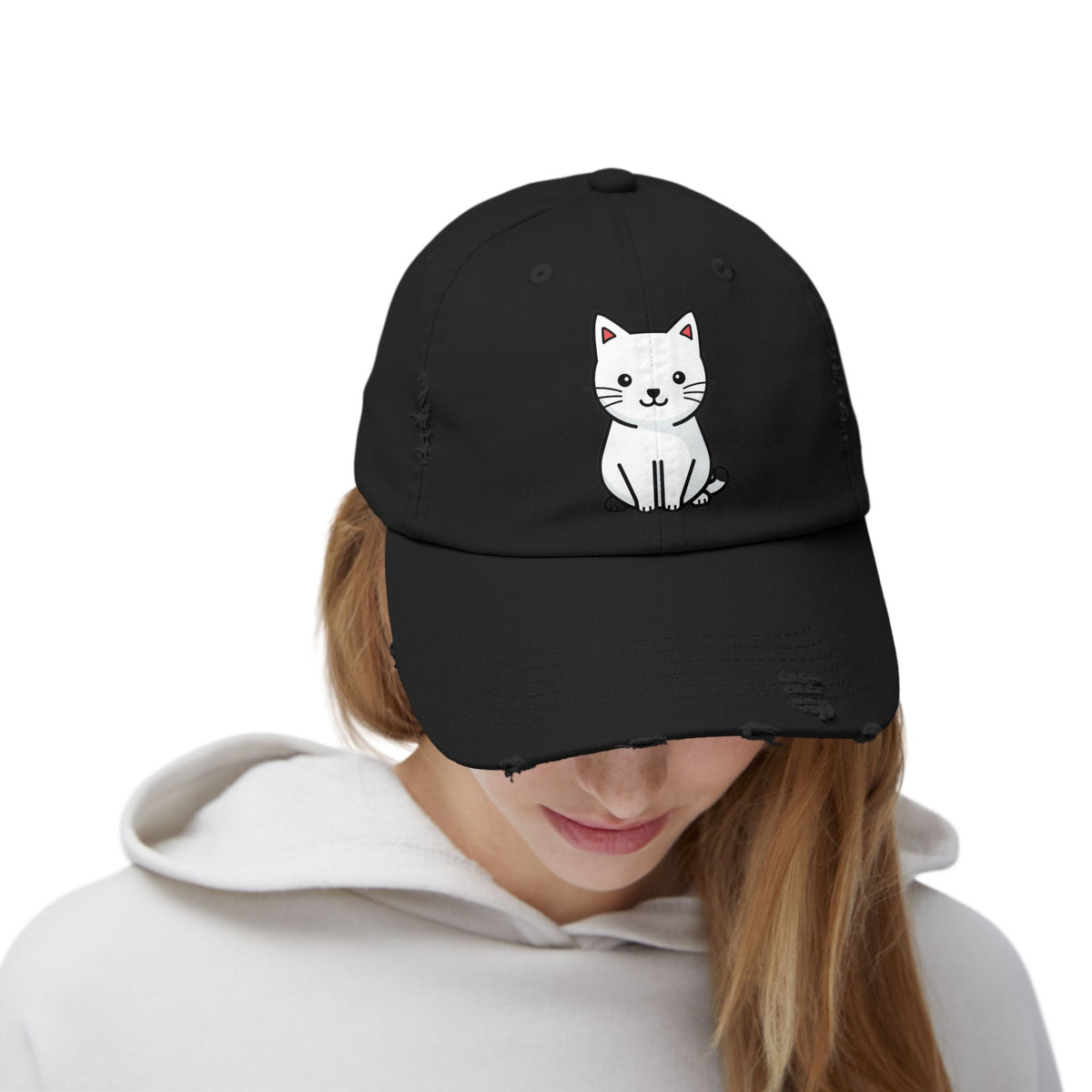 Distressed Black Cap with Cute White Cat Graphic Hats Printify