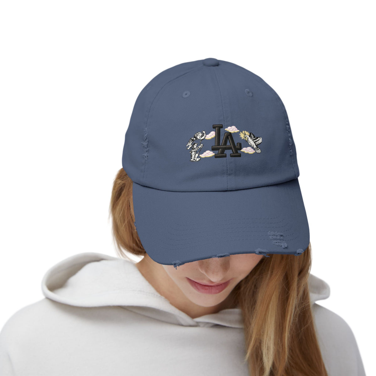 Distressed Baseball Cap — LA Logo with Angel Wings & Clouds
