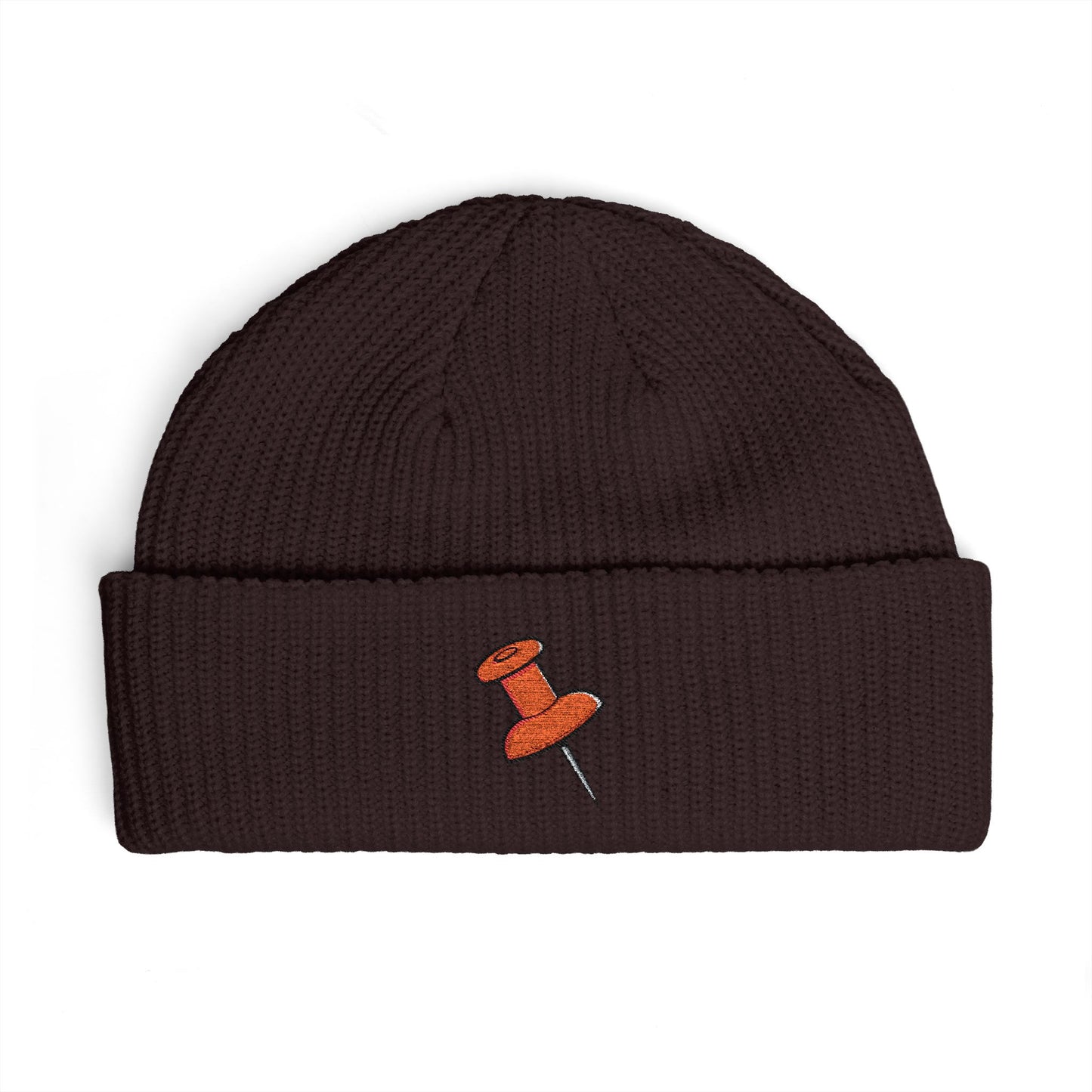 Cuff Beanie with Orange Pushpin Embroidery – Casual Streetwear Knit Hat Hats Printify One size Plum