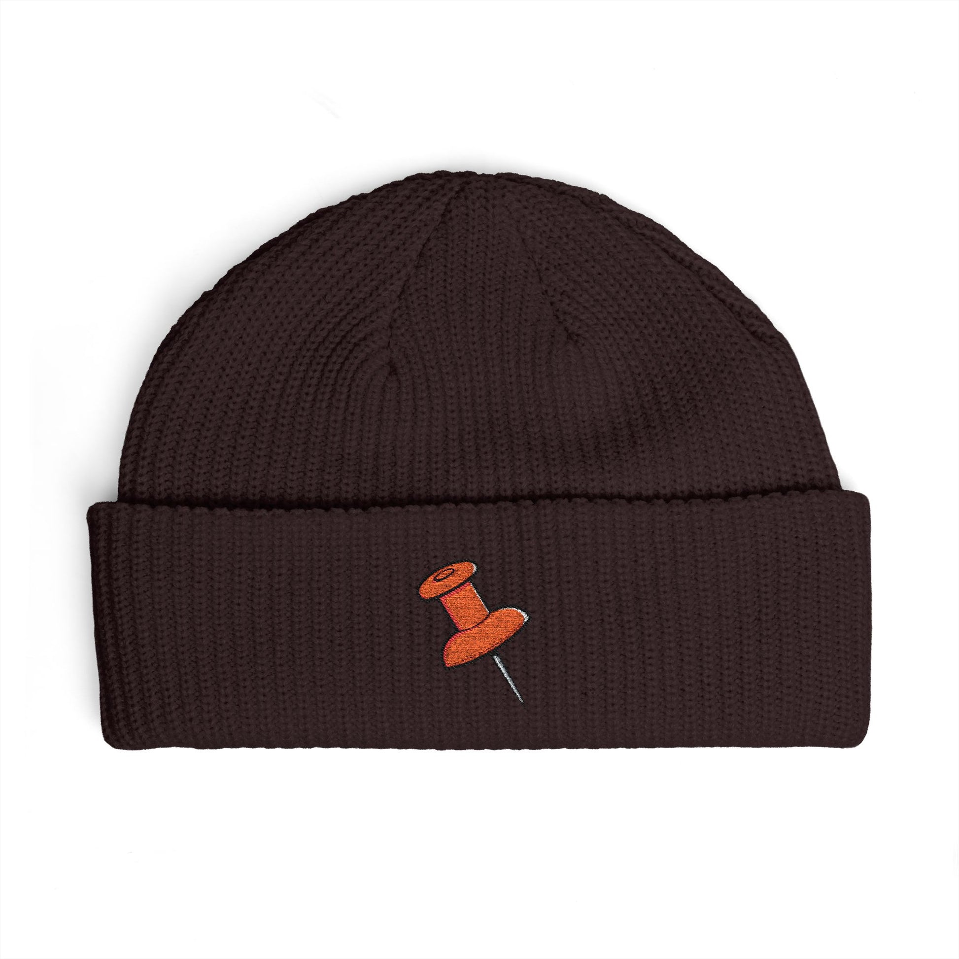 Cuff Beanie with Orange Pushpin Embroidery – Casual Streetwear Knit Hat Hats Printify One size Plum
