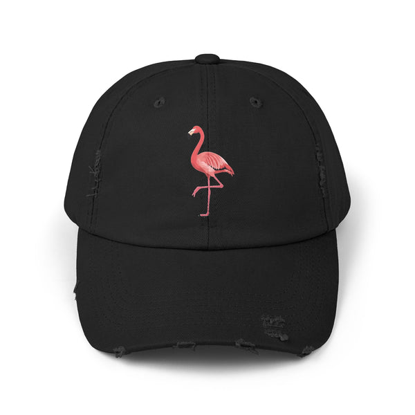 Distressed Flamingo Cap — Embroidered Pink Flamingo Baseball Hat Hats Printify Black One size