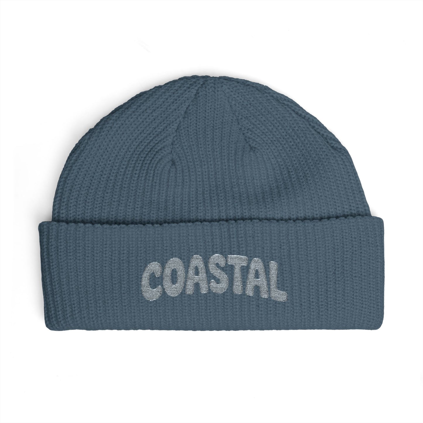Coastal Cuff Beanie — Knit Winter Hat with 'COASTAL' Embroidered Seaglass Script Hats Printify One size Petrol Blue