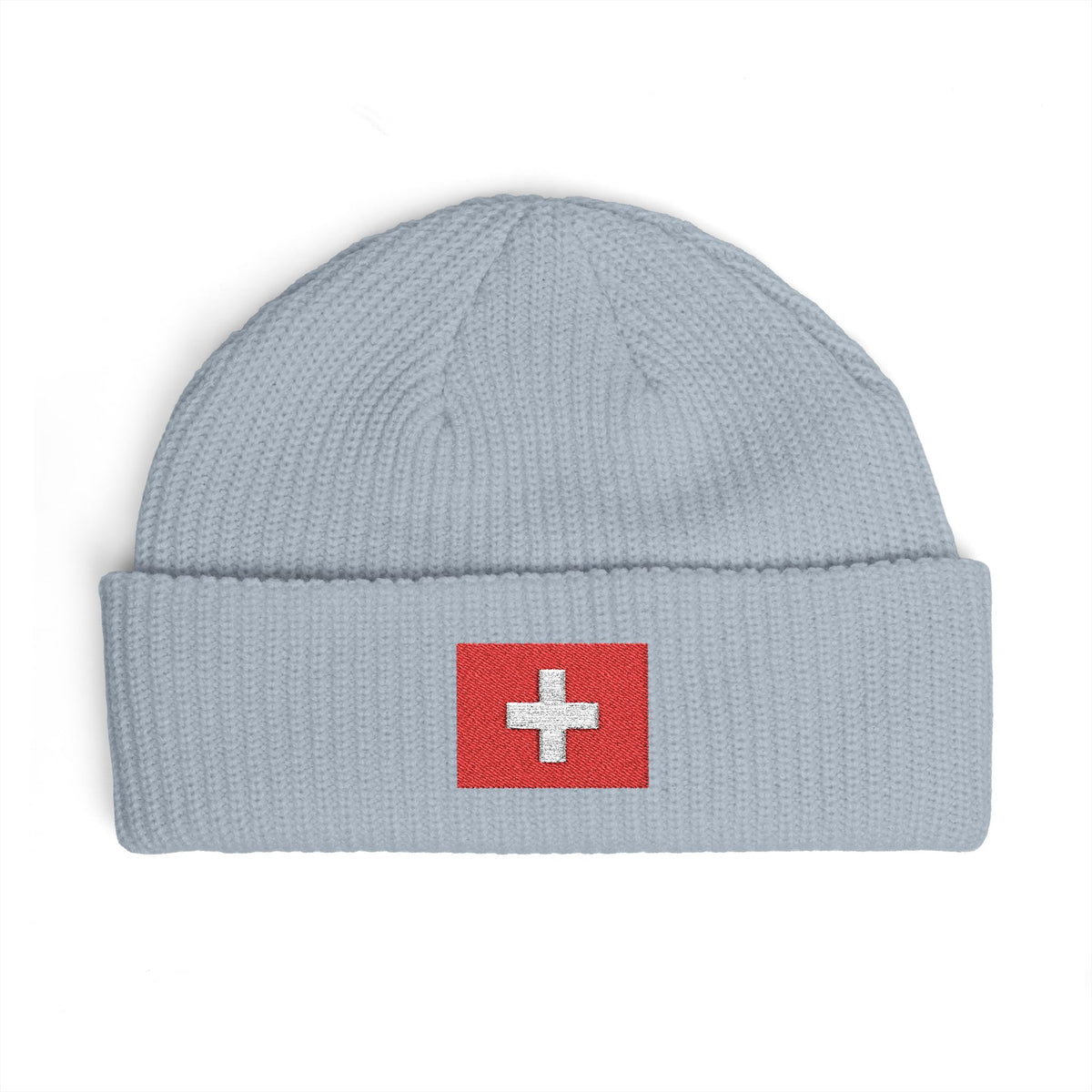 Swiss Cross Cuff Beanie — Embroidered Red Flag Patch Winter Hat Hats Printify