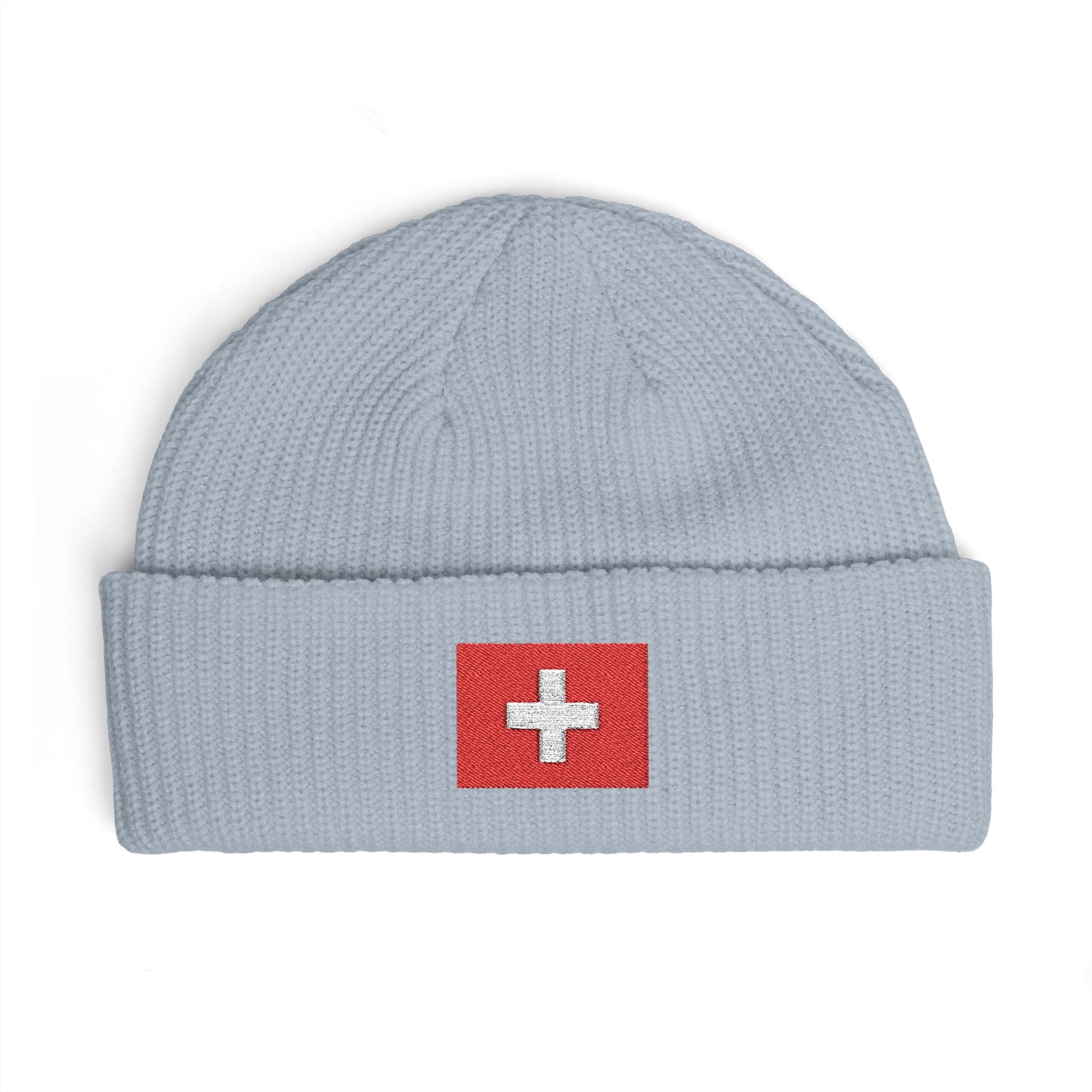 Swiss Cross Cuff Beanie — Embroidered Red Flag Patch Winter Hat Hats Printify