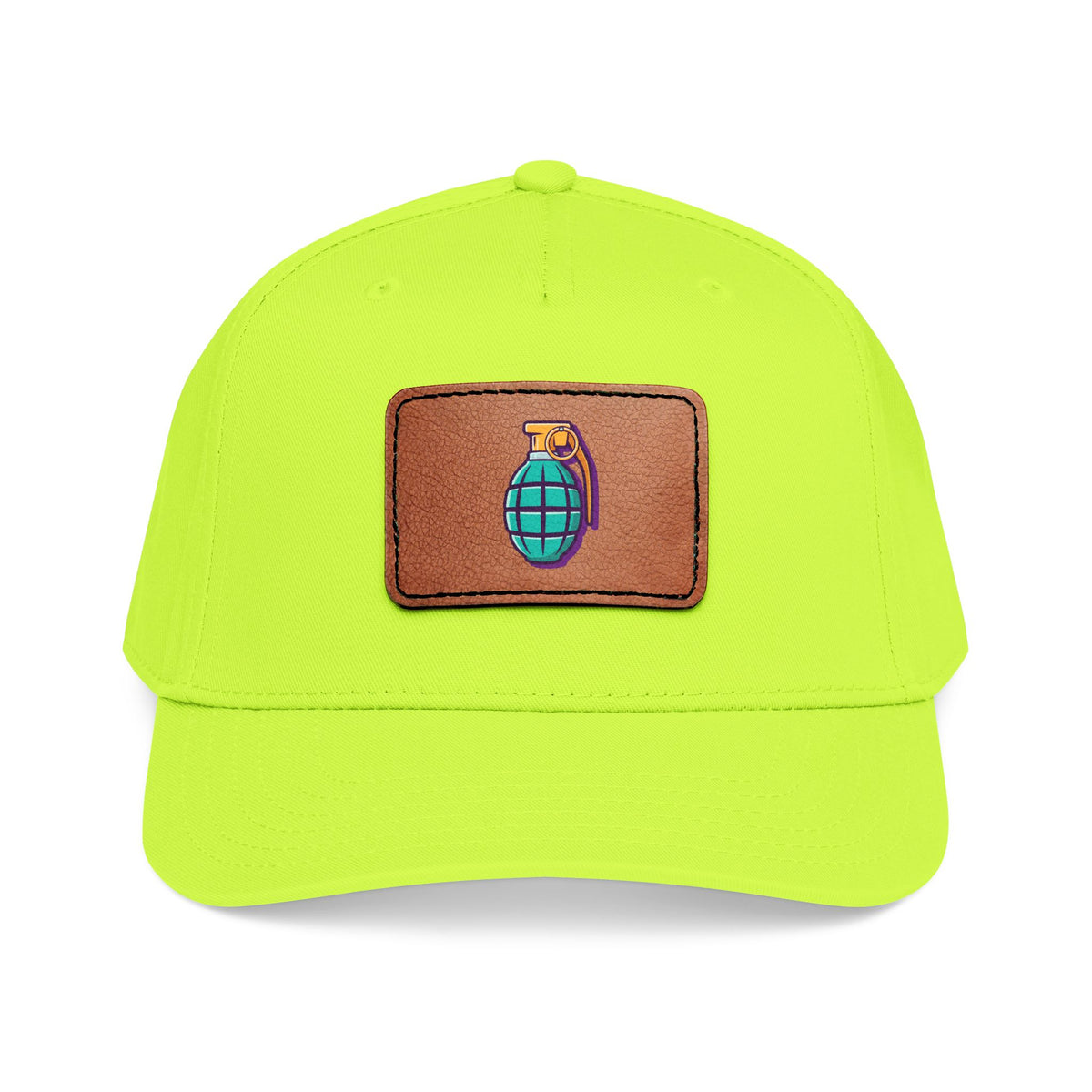 Leather Patch Baseball Cap — Retro Grenade Patch Hat Hats Printify One size Neon Yellow / Light Brown patch Rectangle