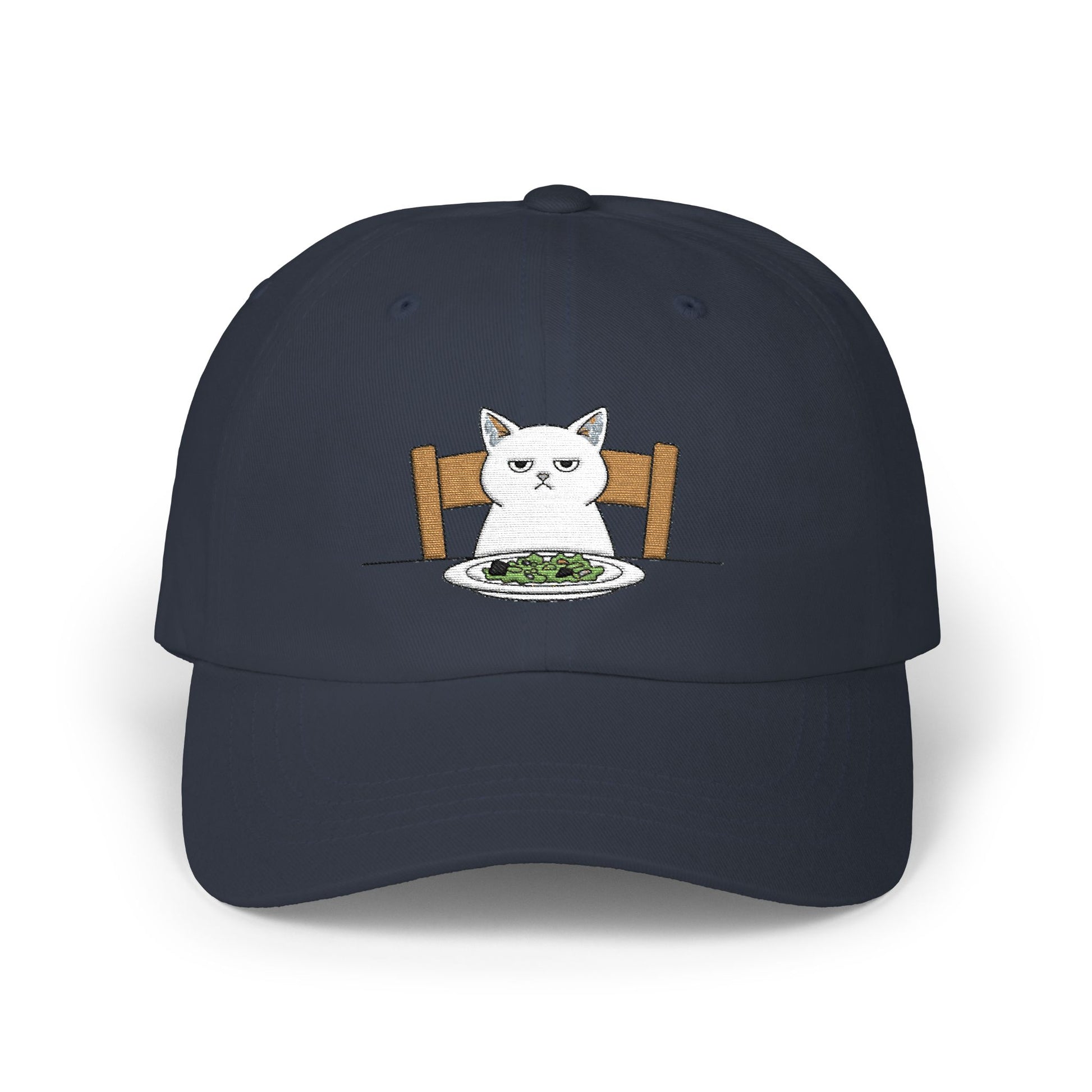 Dad Cap — Grumpy Cat at Dinner Embroidered Hat Hats Printify Navy One size