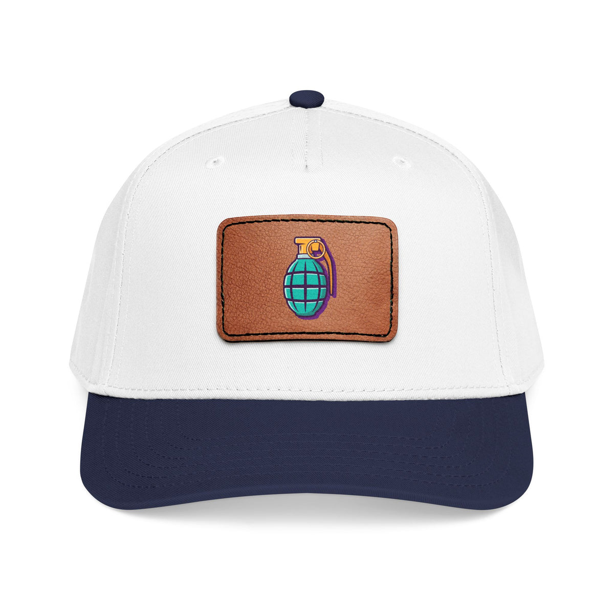 Leather Patch Baseball Cap — Retro Grenade Patch Hat Hats Printify One size Navy / White / Light Brown patch Rectangle