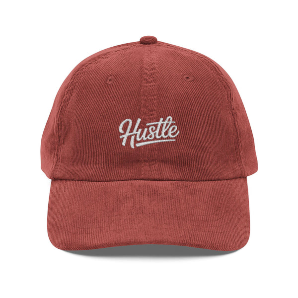 Vintage Corduroy Cap — Embroidered "Hustle" Script Dad Hat Hats Printify Burgundy One size