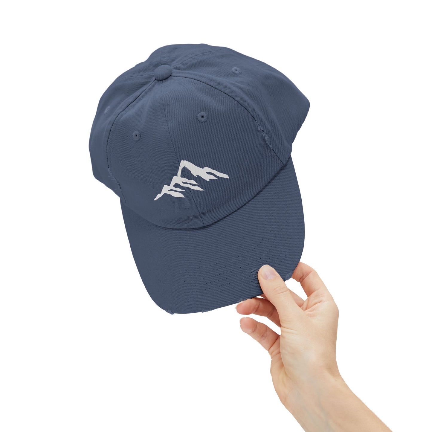 Distressed Mountain Hat — Minimal White Peak Embroidered Cap