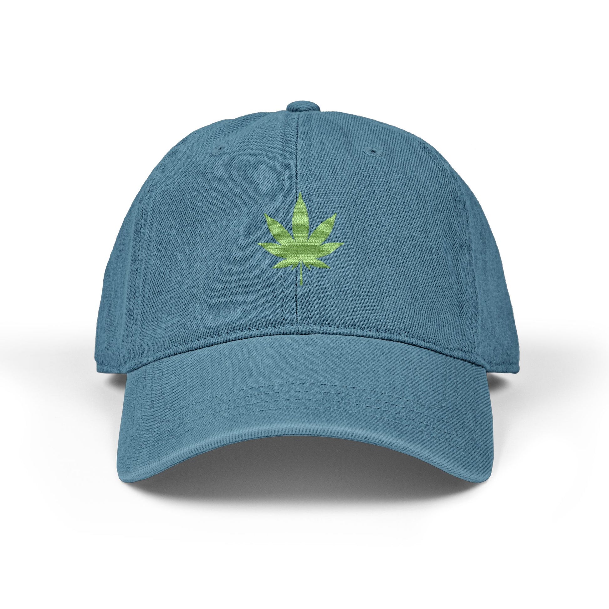 Embroidered Cannabis Leaf Denim Hat – Green Marijuana Patch Cap Hats Printify One size Blue