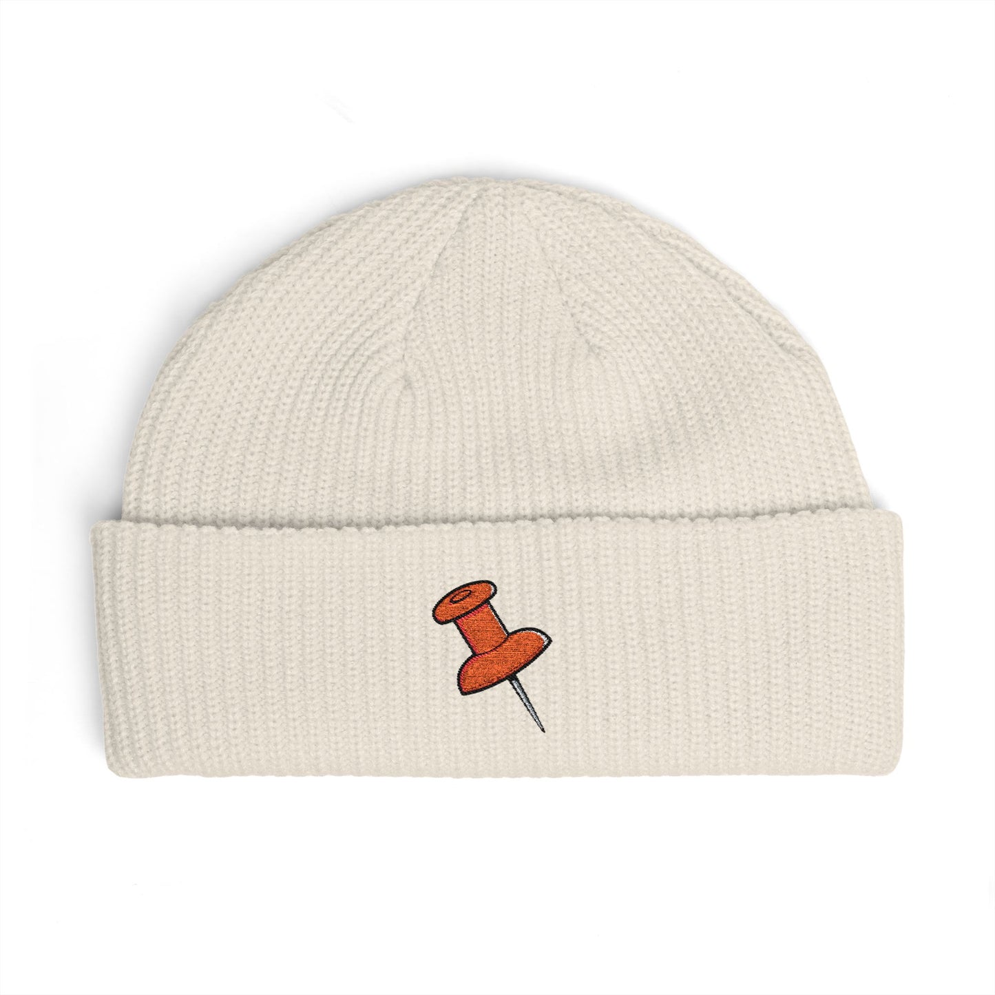 Cuff Beanie with Orange Pushpin Embroidery – Casual Streetwear Knit Hat Hats Printify One size Ecru
