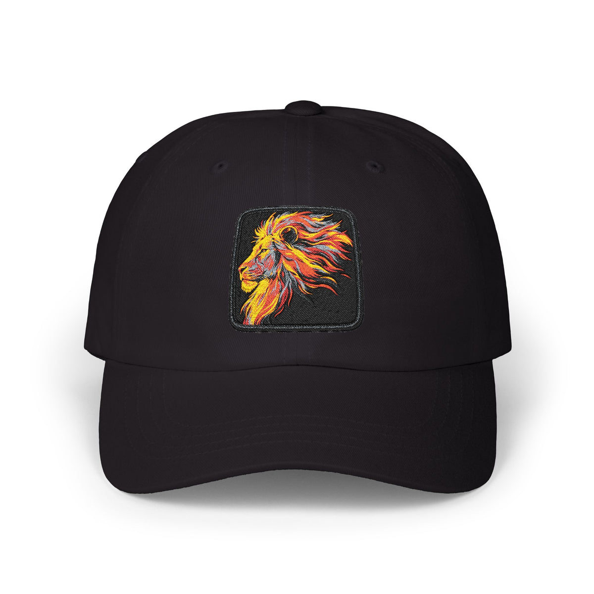 Dad Cap — Embroidered Fiery Lion Patch Baseball Hat Hats Printify One size Black