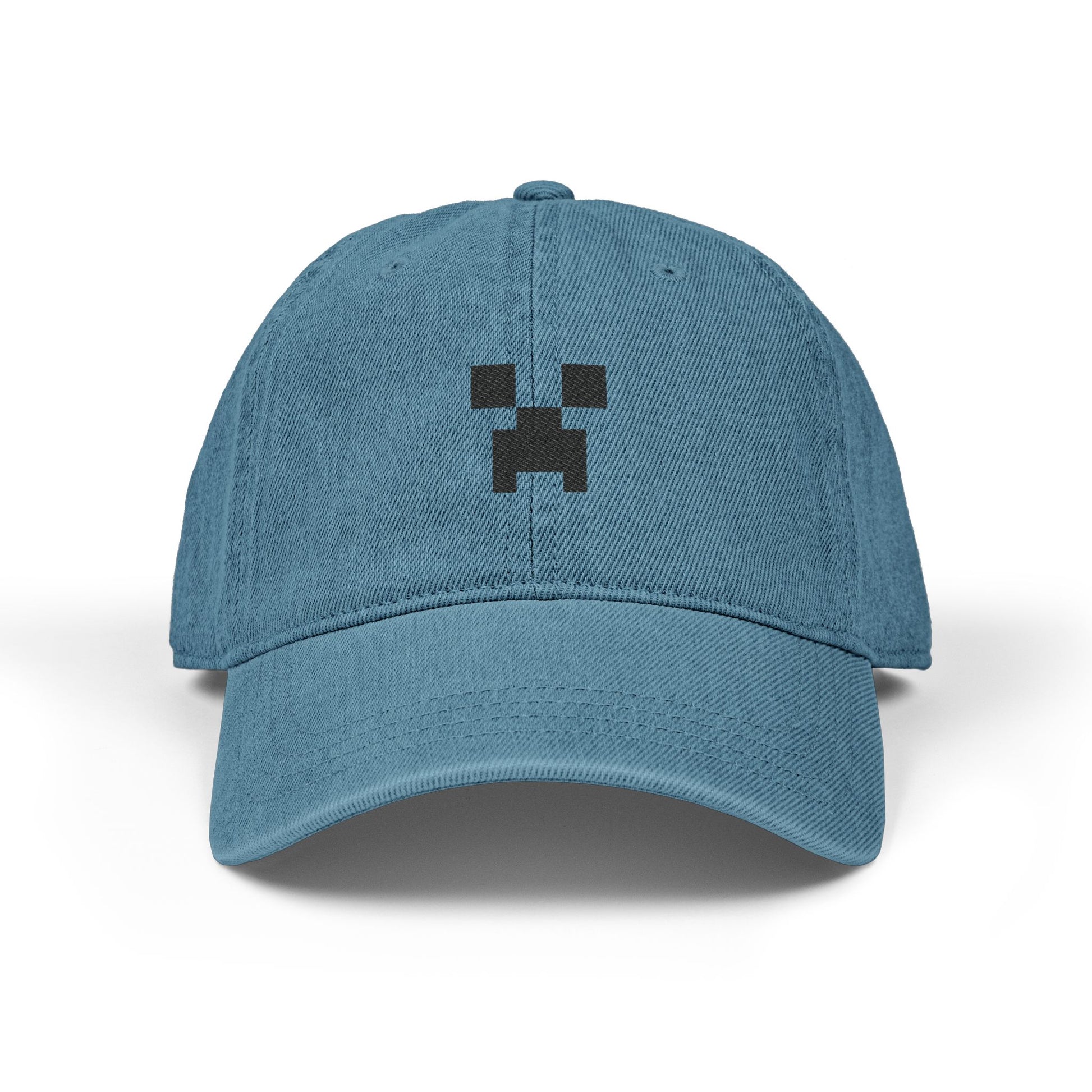 Pixel Creeper Face Hat | Embroidered Denim Baseball Hat Hats Printify One size Blue