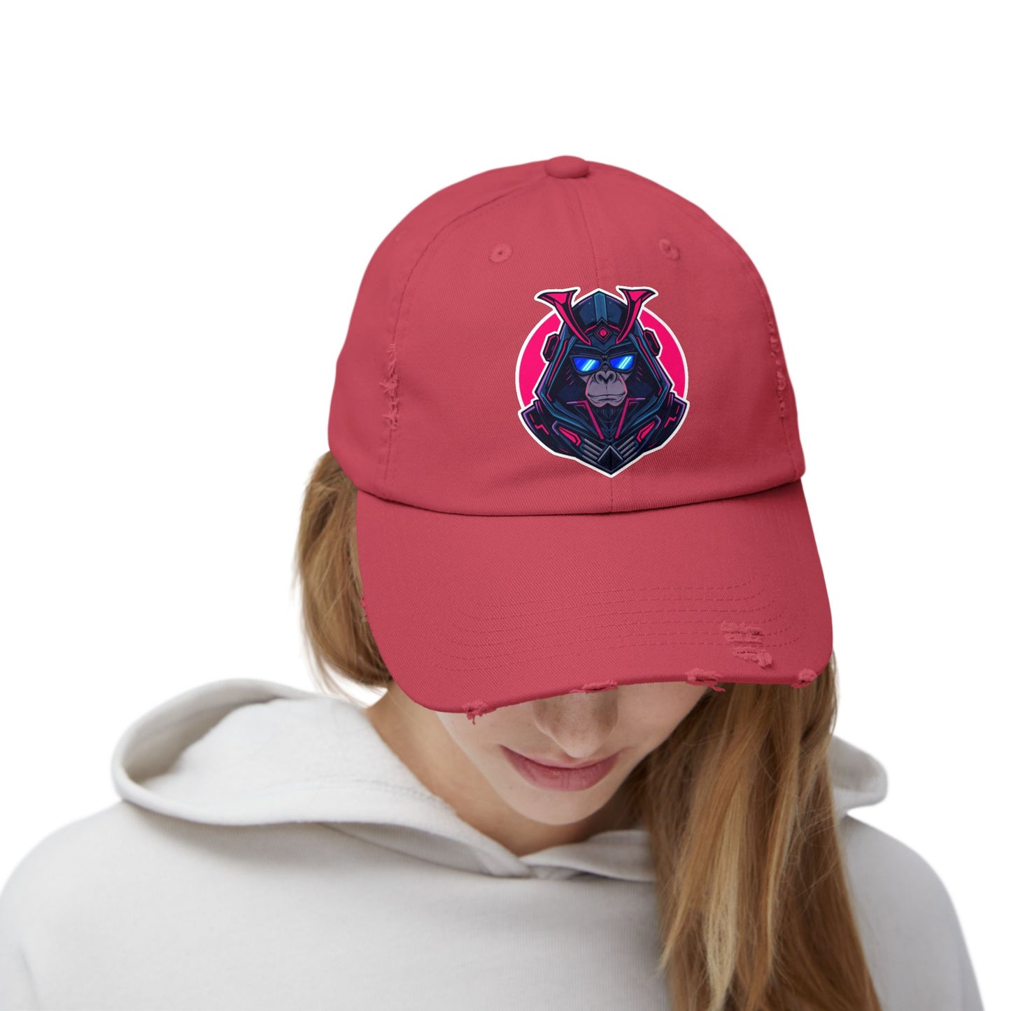 Samurai Skull Distressed Cap — Neon Retro Gamer Hat