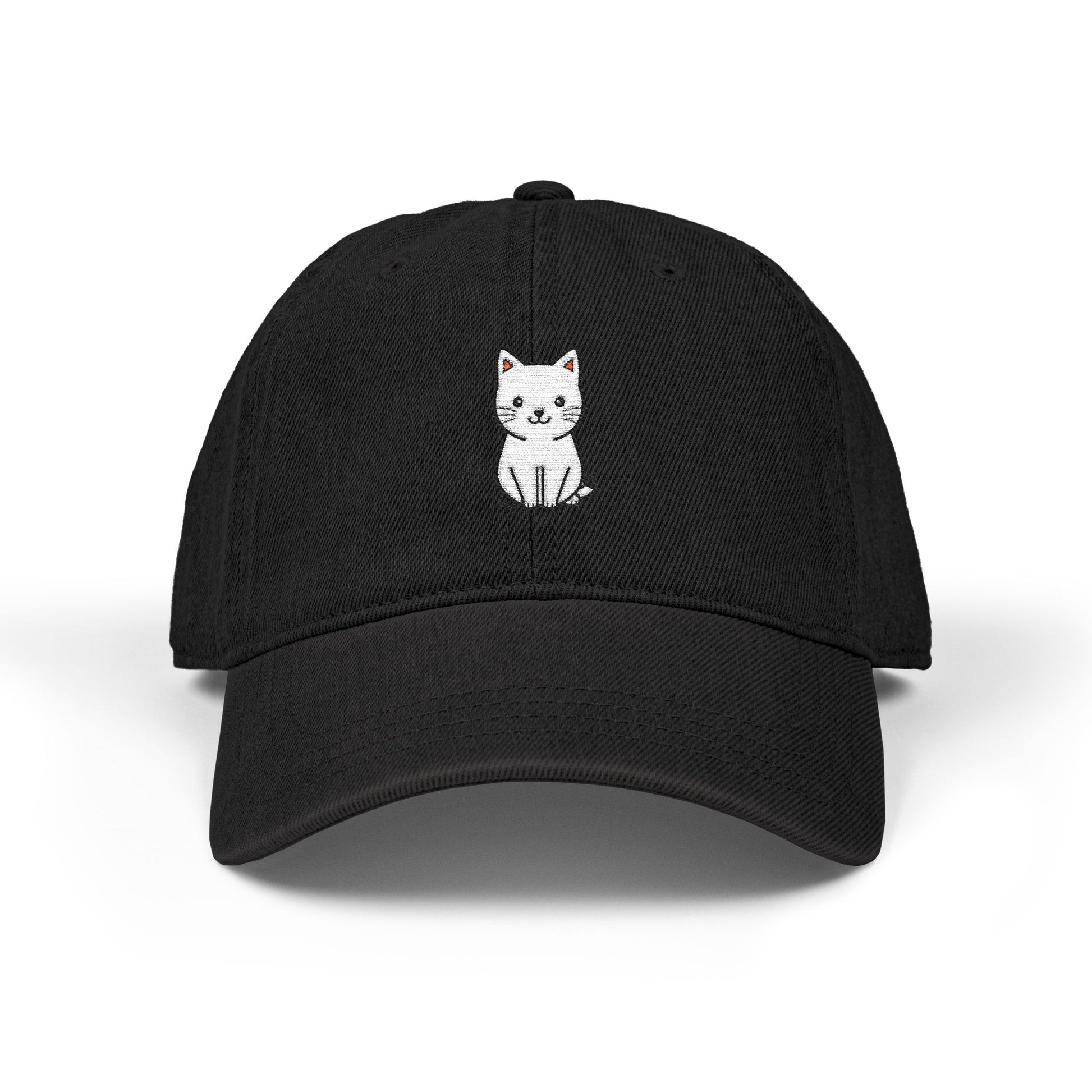 Embroidered White Kitten Denim Hat — Cute Cat Baseball Cap Hats Printify One size Black