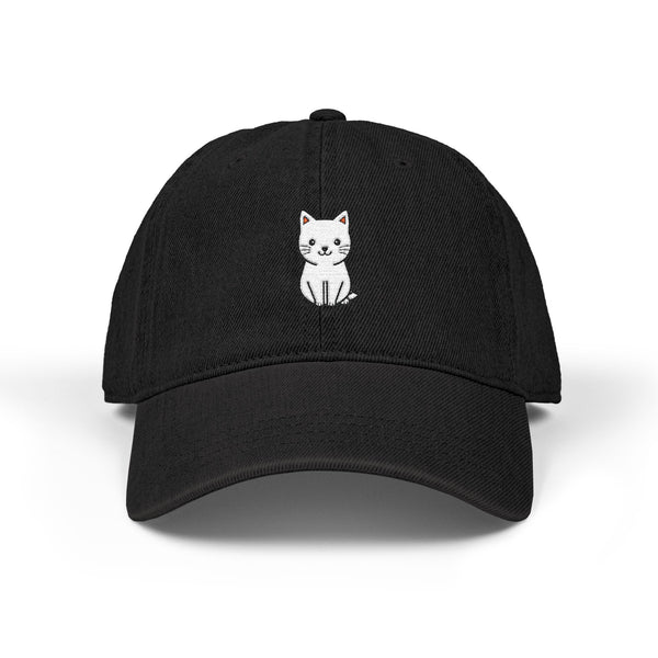 Embroidered White Kitten Denim Hat — Cute Cat Baseball Cap Hats Printify One size Black