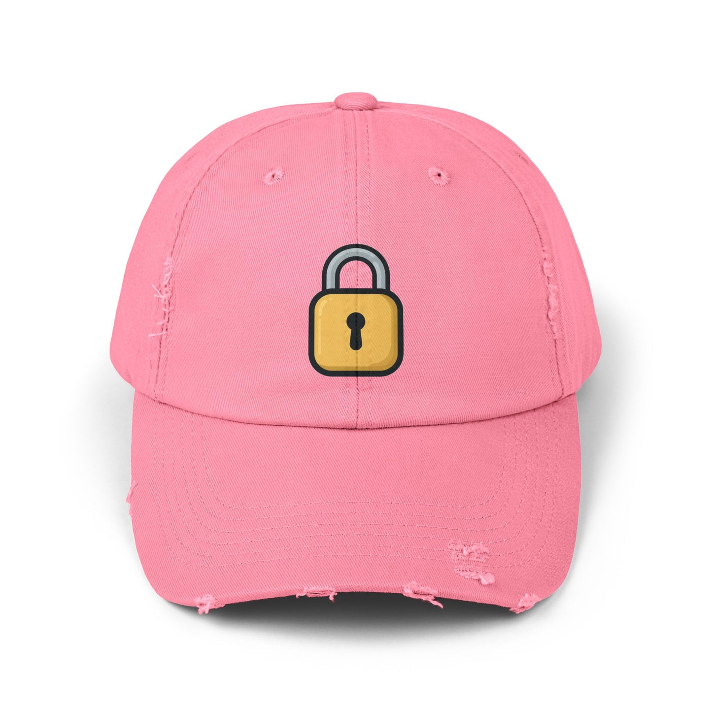 Padlock Distressed Cap — Minimal Lock Embroidered Baseball Hat Hats Printify True Pink One size
