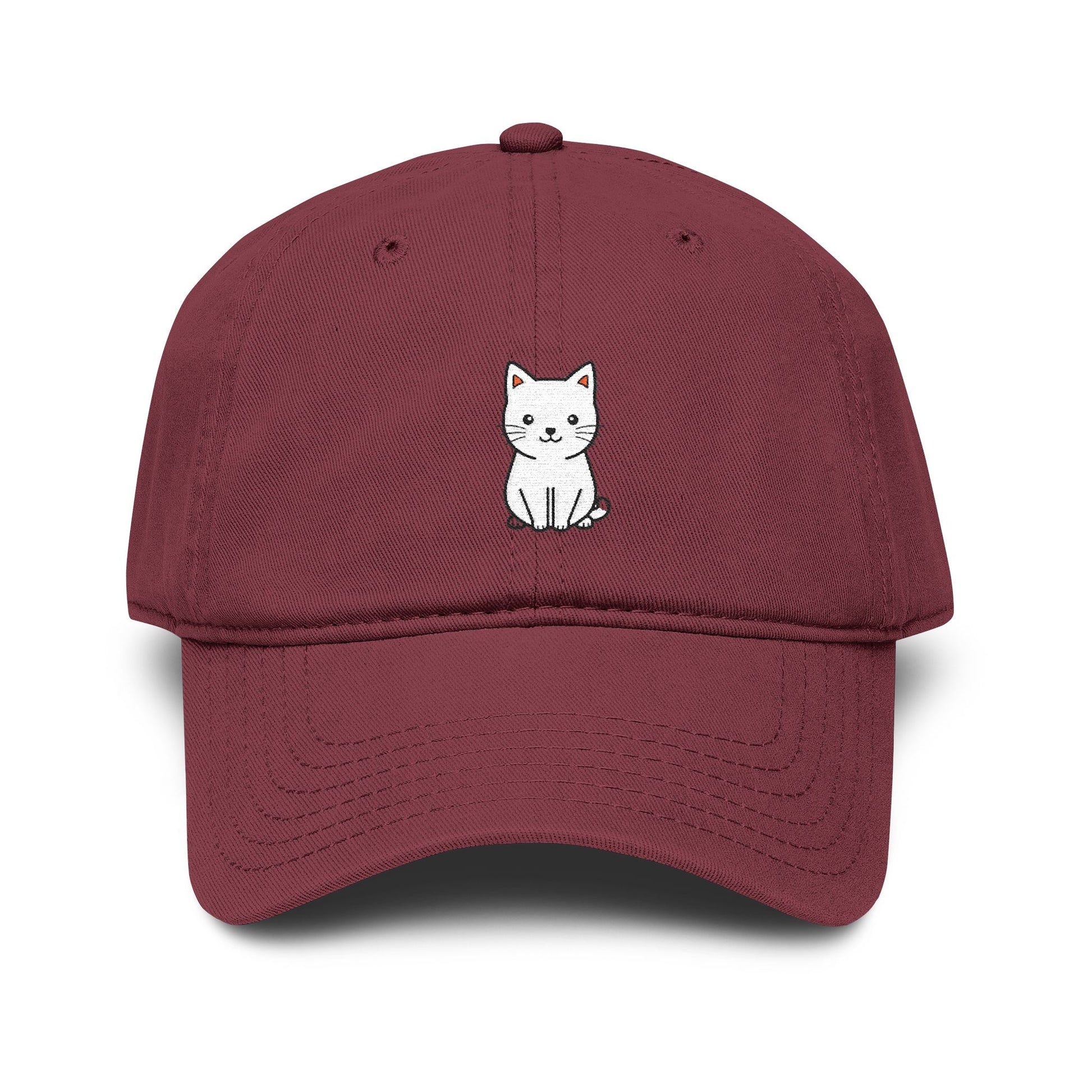 Washed Baseball Cap — Cute White Sitting Cat Embroidered Hat Hats Printify One size Maroon