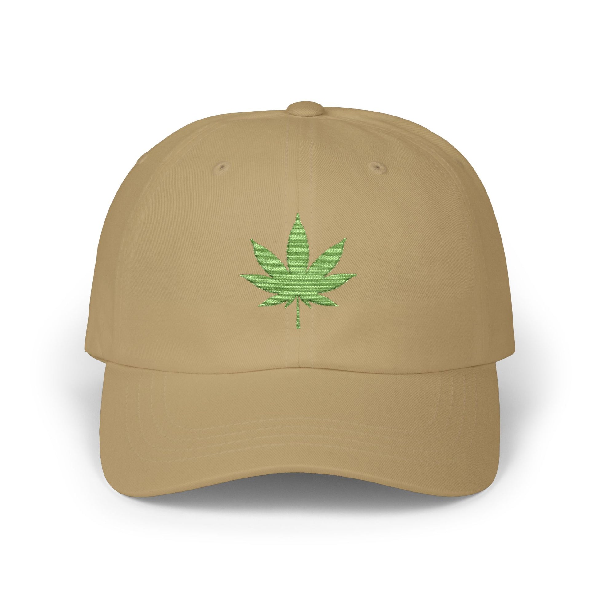 Classic Dad Cap – Embroidered Green Cannabis Leaf Baseball Hat Hats Printify Khaki One size